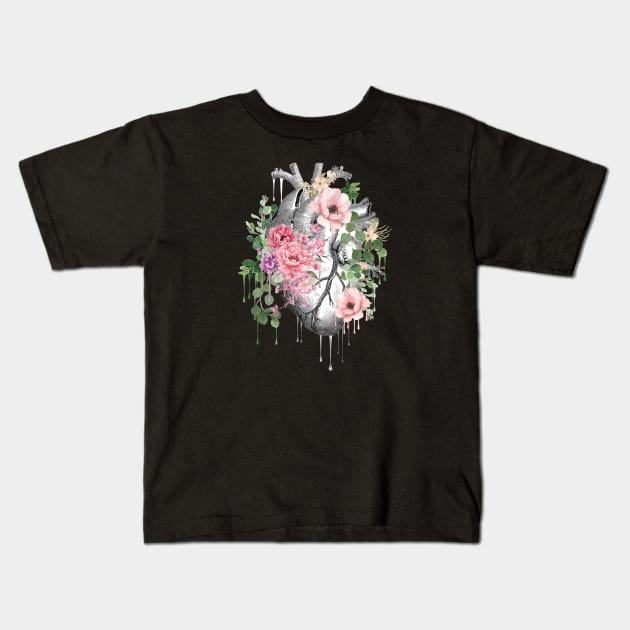 Heart Human Anatomy pink flowers and green leaves Kids T-Shirt by Collagedream